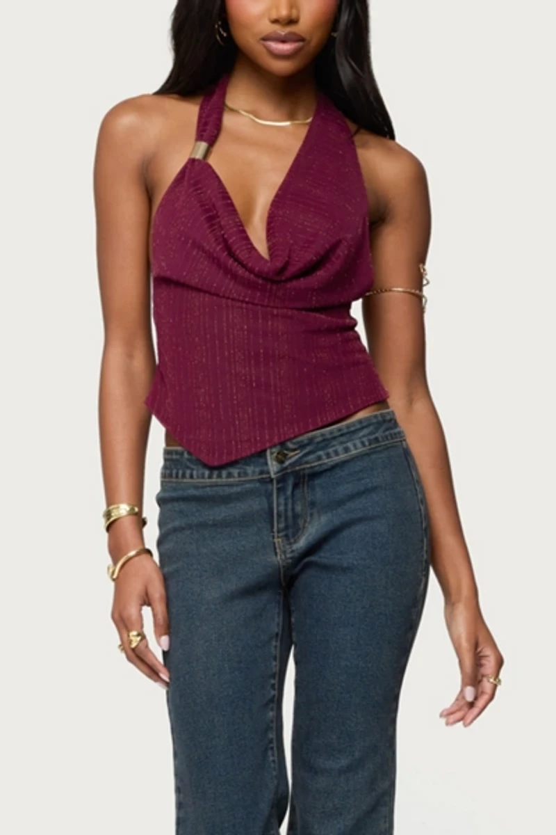 Edikted Mimi Asymmetric Textured Mesh Halter Top
