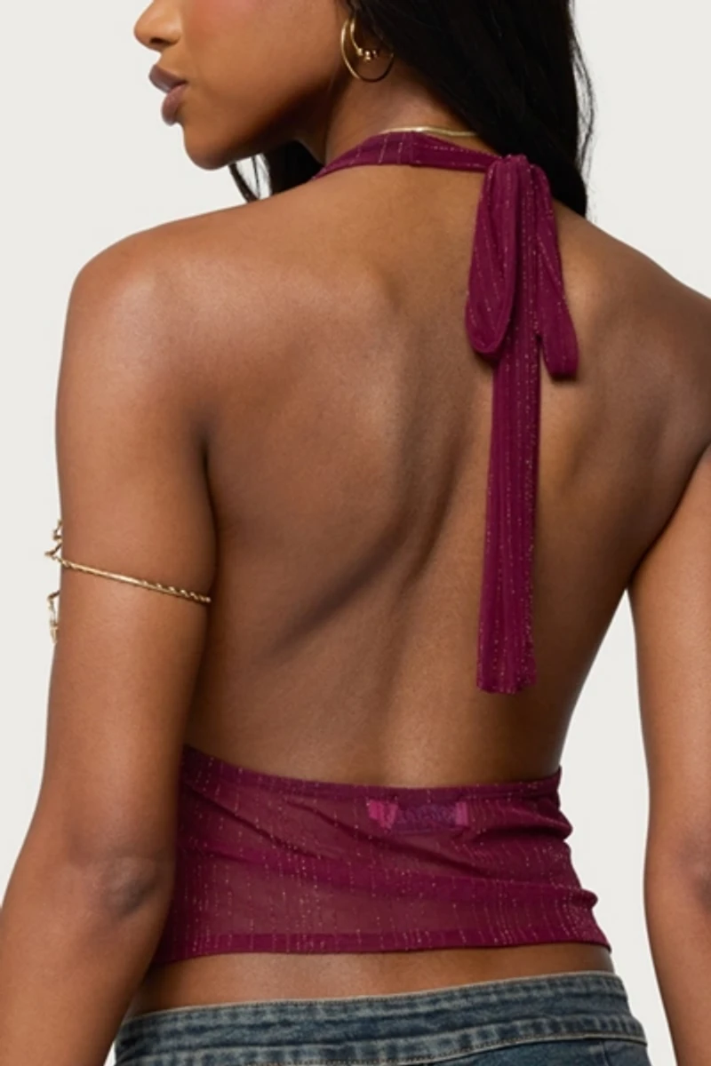 Edikted Mimi Asymmetric Textured Mesh Halter Top