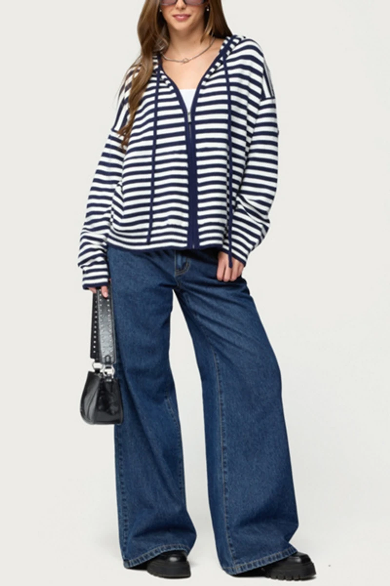 Edikted Safari Striped Knit Zip Up Hoodie