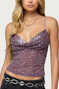 Edikted Sequin Layered Bra Cowl Neck Top