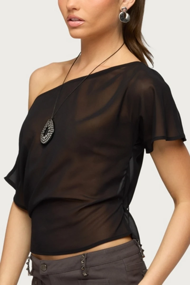 Edikted Noria Sheer Chiffon Off Shoulder Top