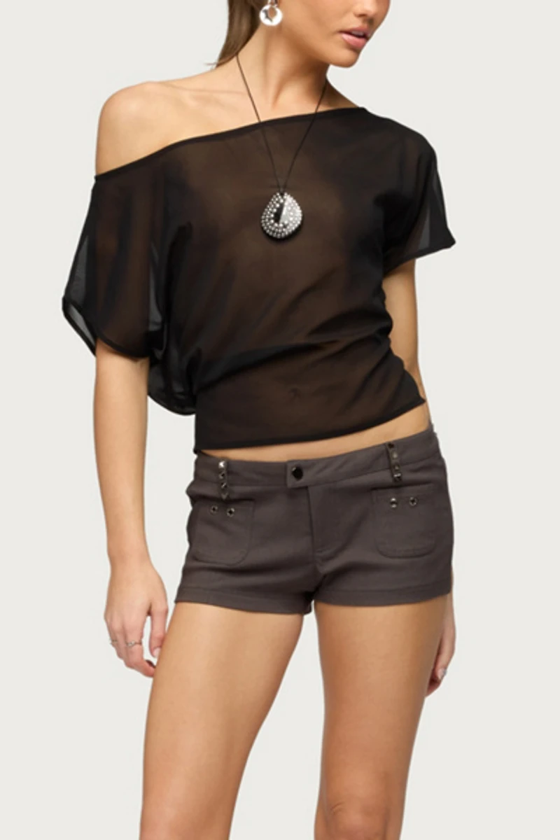 Edikted Noria Sheer Chiffon Off Shoulder Top