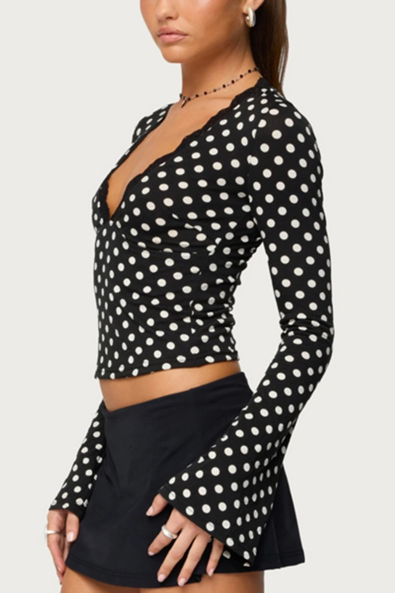 Edikted Polka Dot Lacey Plunge Neck Top