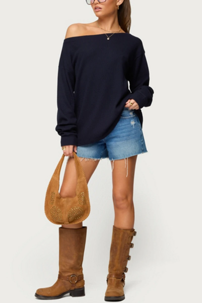 Edikted Damari Off Shoulder Oversized Waffle Top