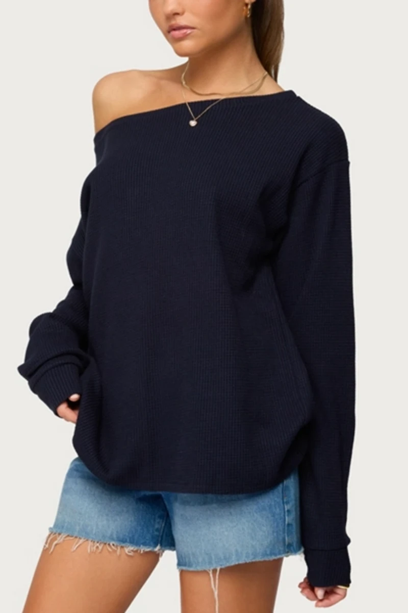 Edikted Damari Off Shoulder Oversized Waffle Top