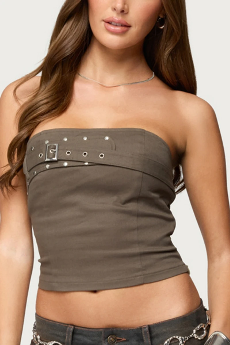 Edikted Nadiya Twill Belted Strapless Top