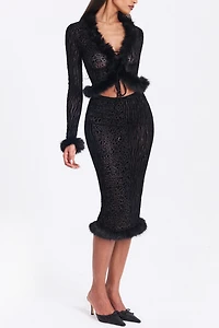 Miss Circle Halia Animal Print Burnout Velvet Fur Trim Skirt