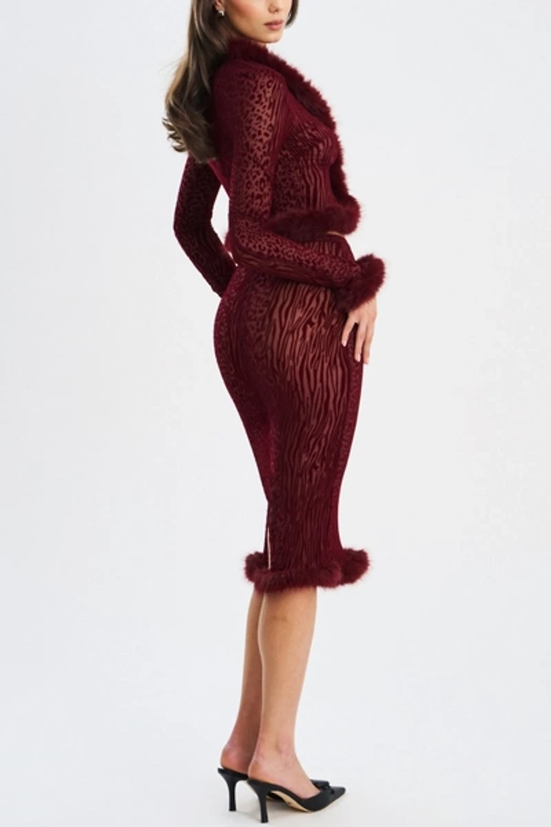 Miss Circle Halia Animal Print Burnout Velvet Fur Trim Skirt