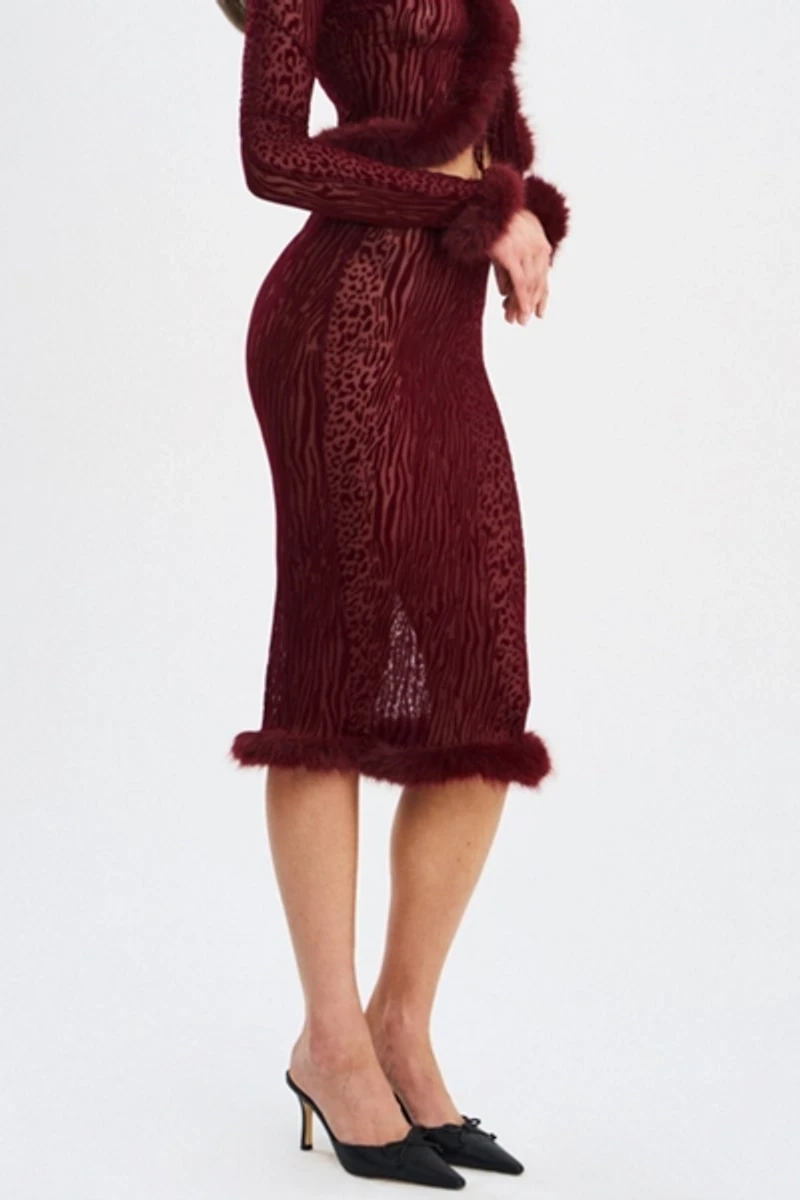 Miss Circle Halia Animal Print Burnout Velvet Fur Trim Skirt