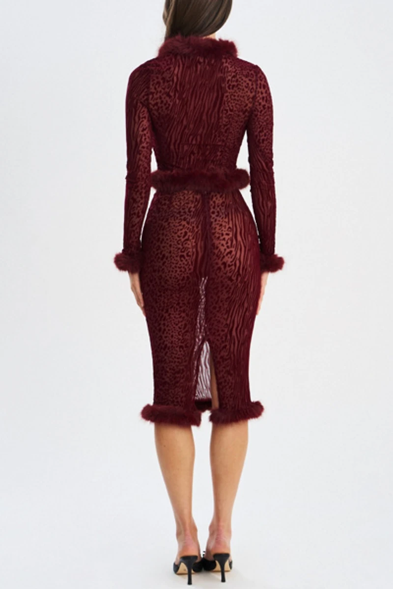 Miss Circle Halia Animal Print Burnout Velvet Fur Trim Skirt