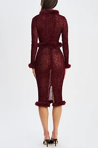 Miss Circle Halia Animal Print Burnout Velvet Fur Trim Skirt