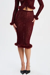 Miss Circle Halia Animal Print Burnout Velvet Fur Trim Skirt