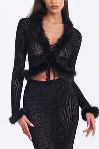 Miss Circle Hali Animal Print Burnout Velvet Fur Trim Top