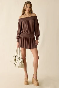 UO Night Shift Jersey Knit Off-The-Shoulder Long Sleeve Mini Dress