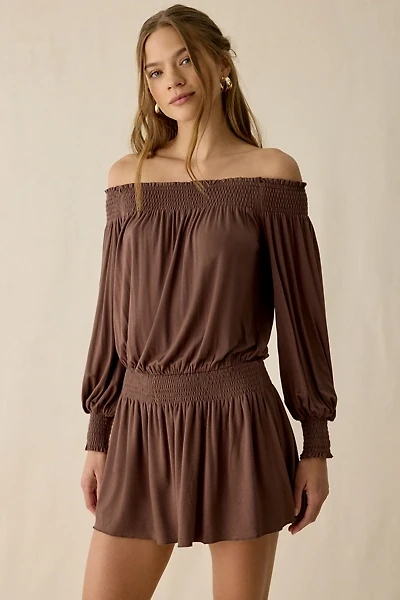 UO Night Shift Jersey Knit Off-The-Shoulder Long Sleeve Mini Dress