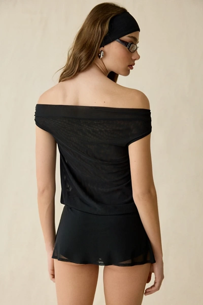 UO On The Side Mesh Off-The-Shoulder Romper