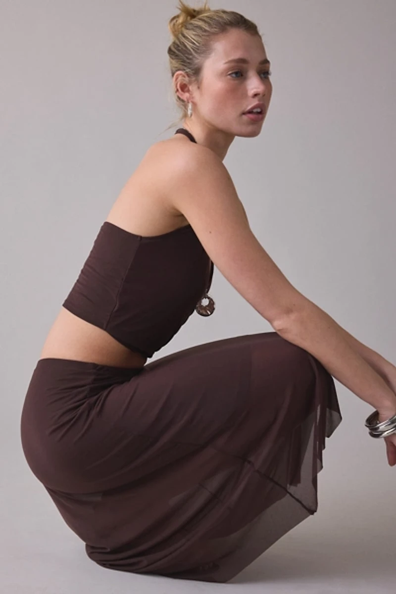 UO Never Miss Mesh Halter Neck Asymmetric Midi Skirt 2-Piece Set