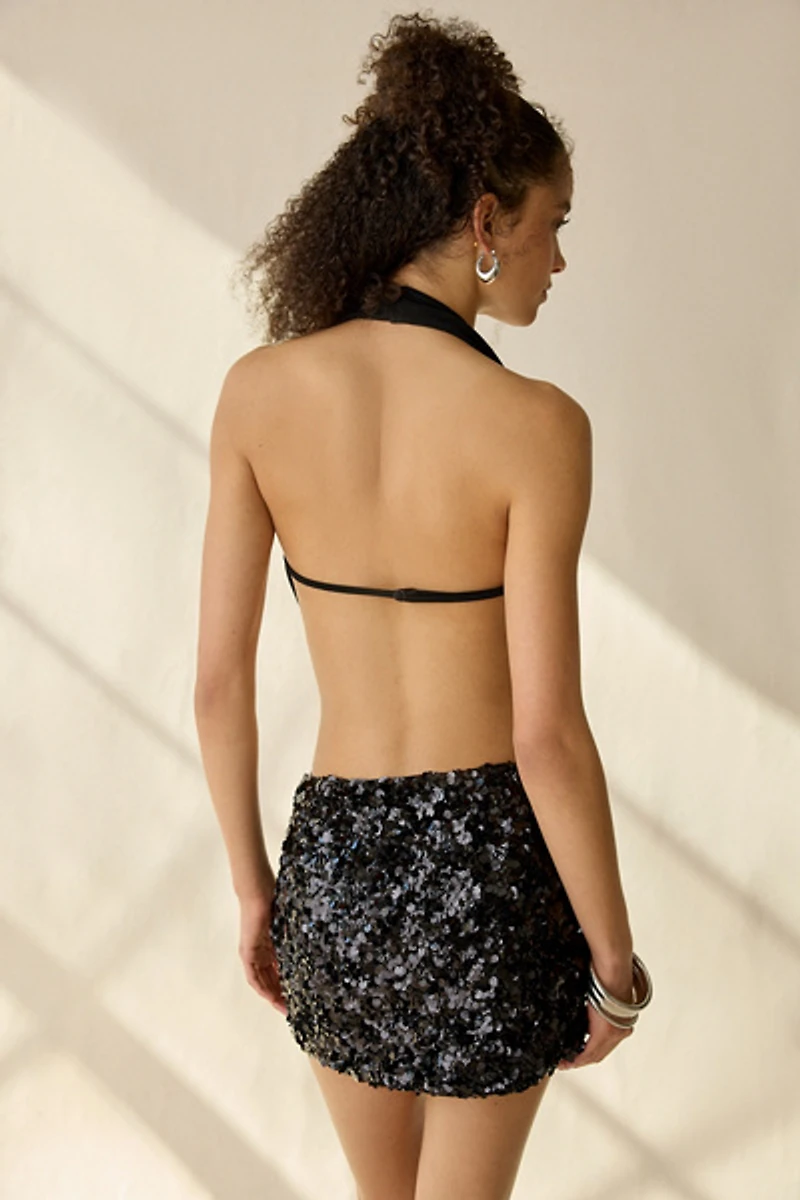 UO Midnight Sun Cowl Halter Top + Sequin Mini Skirt 2-Piece Set