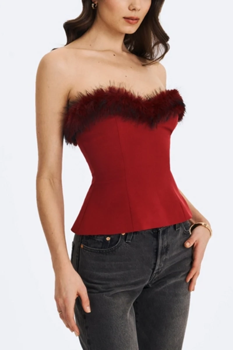 Miss Circle Ivette Faux Fur-Trimmed Peplum Top