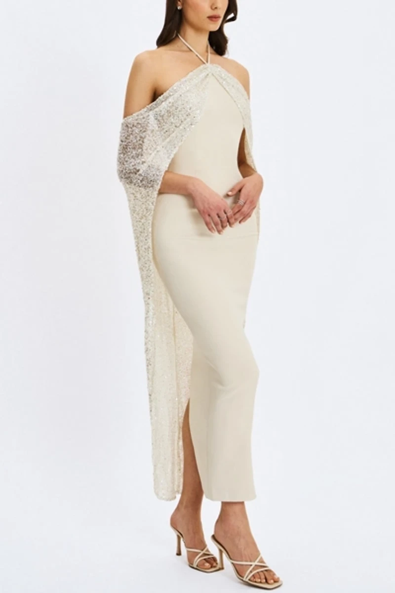 Miss Circle Quimera Beaded Cape Halter Maxi Dress