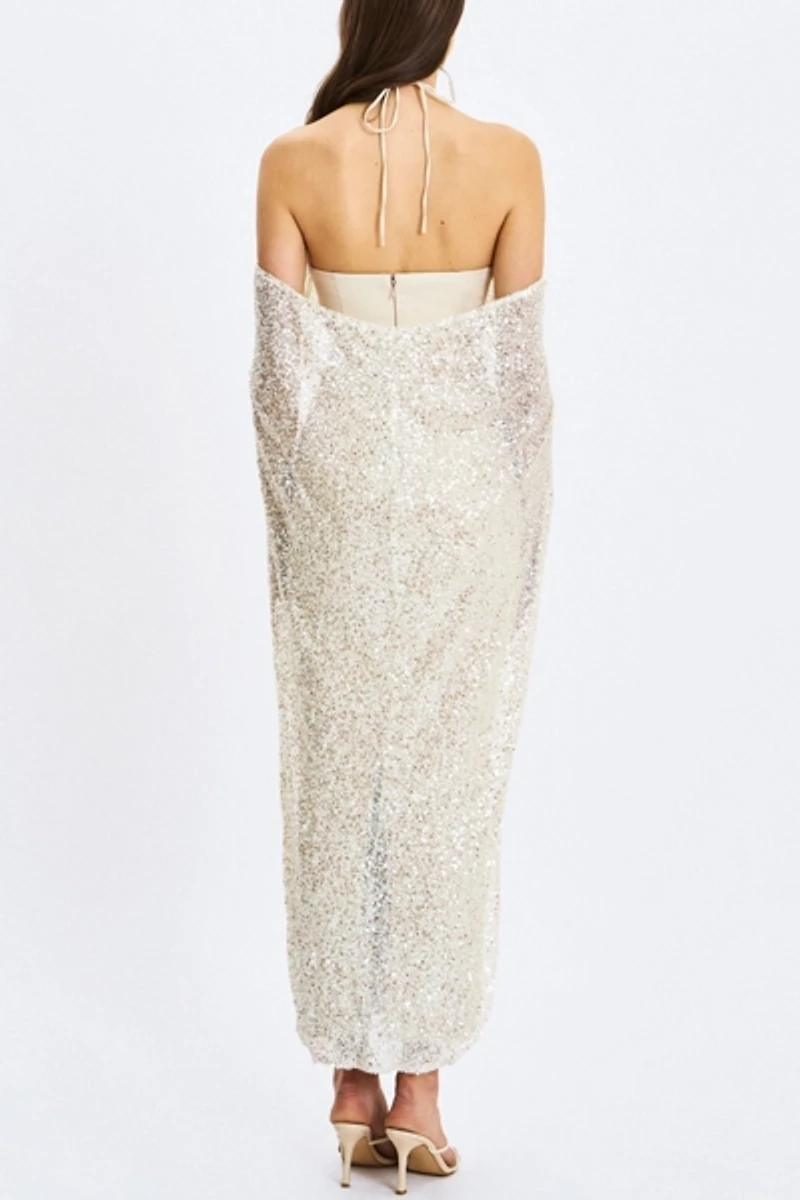 Miss Circle Quimera Beaded Cape Halter Maxi Dress