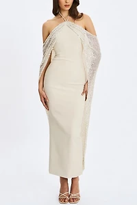 Miss Circle Quimera Beaded Cape Halter Maxi Dress