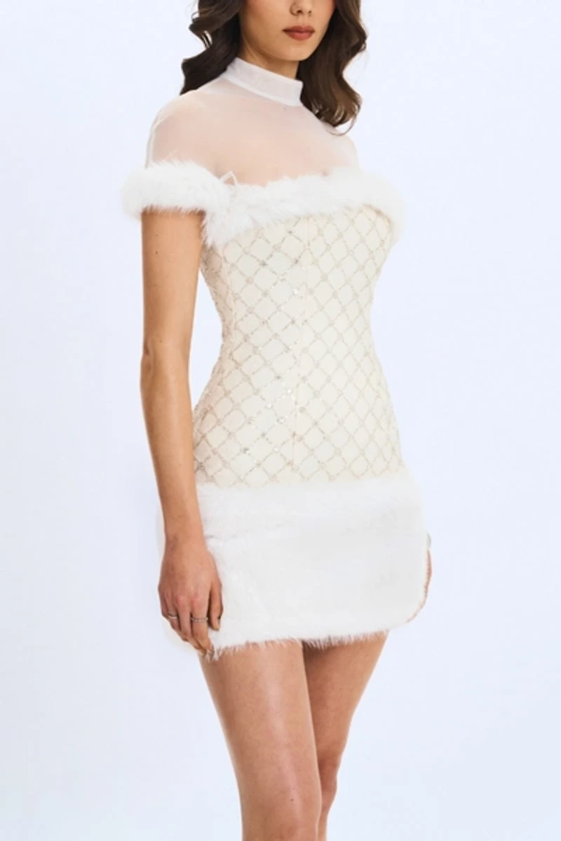 Miss Circle Taylor Faux Fur Beaded Mini Dress