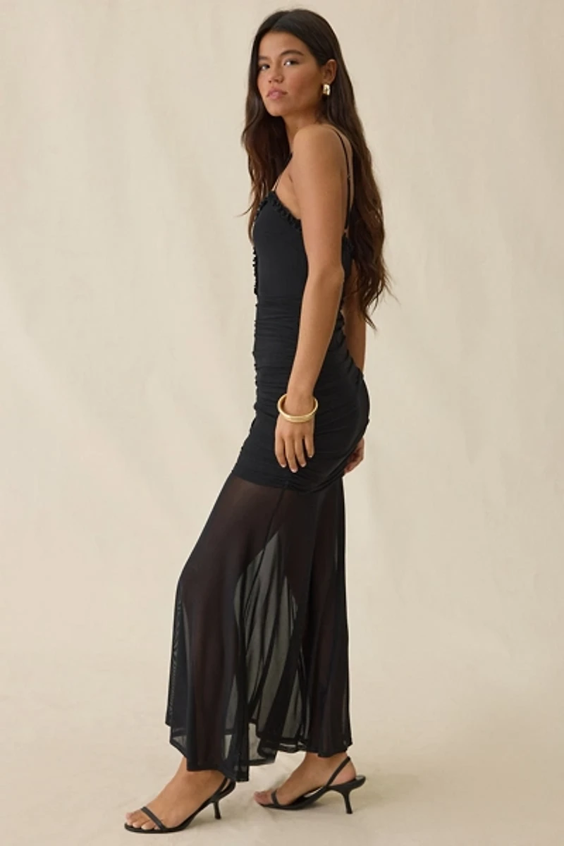 UO Azurine Plunging Keyhole Sheer Illusion Mesh Maxi Dress