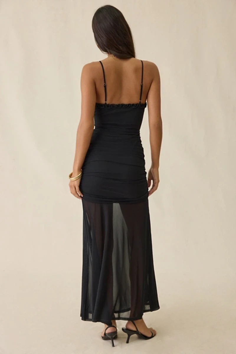 UO Azurine Plunging Keyhole Sheer Illusion Mesh Maxi Dress