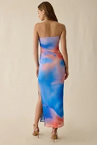 UO Petal Perfect Ruched Mesh Strapless Maxi Dress