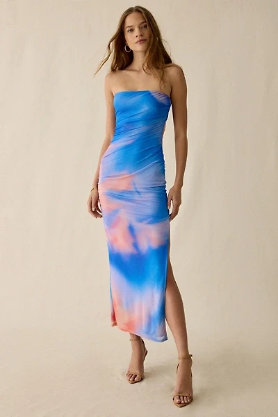 UO Petal Perfect Ruched Mesh Strapless Maxi Dress
