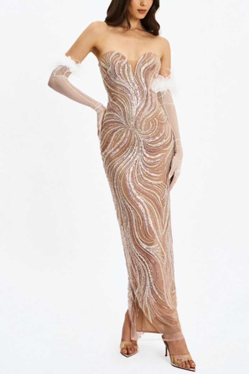 Miss Circle Quinci Beaded Sequin Sweetheart Maxi Dress