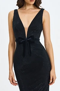 Miss Circle Olympia Belted Bow Plunging Rhinestone Maxi Dress