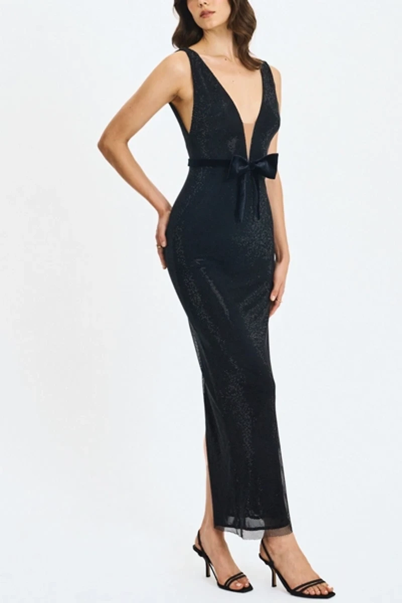 Miss Circle Olympia Belted Bow Plunging Rhinestone Maxi Dress