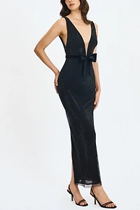 Miss Circle Olympia Belted Bow Plunging Rhinestone Maxi Dress