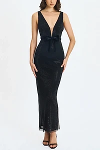 Miss Circle Olympia Belted Bow Plunging Rhinestone Maxi Dress