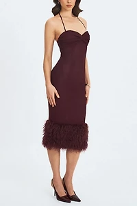 Miss Circle Pluma Halter Faux Fur Trimmed Midi Dress