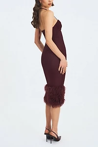 Miss Circle Pluma Halter Faux Fur Trimmed Midi Dress