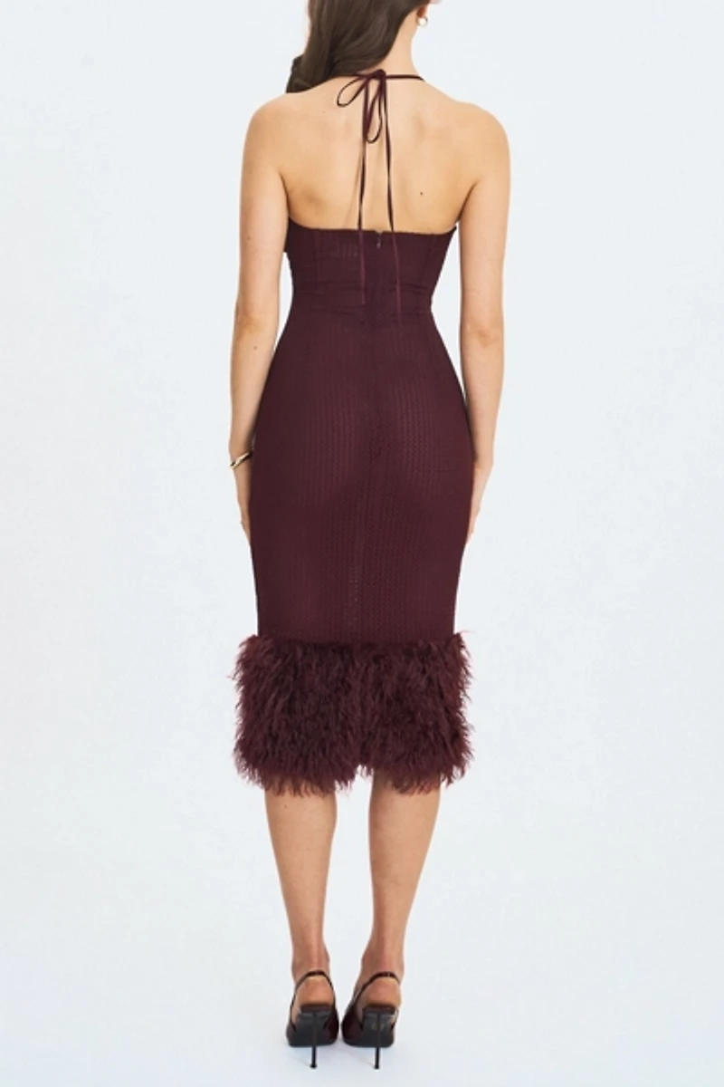 Miss Circle Pluma Halter Faux Fur Trimmed Midi Dress