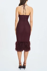 Miss Circle Pluma Halter Faux Fur Trimmed Midi Dress