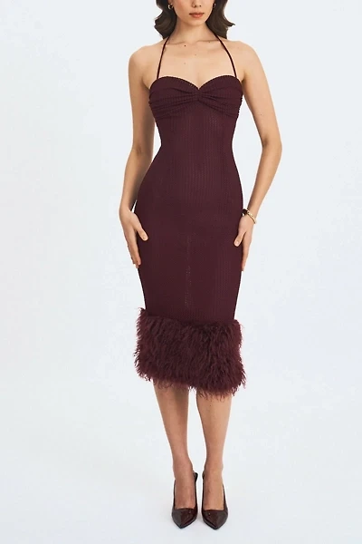 Miss Circle Pluma Halter Faux Fur Trimmed Midi Dress