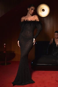 Miss Circle Emberly Faux Fur Off Shoulder Rhinestone Mesh Dress