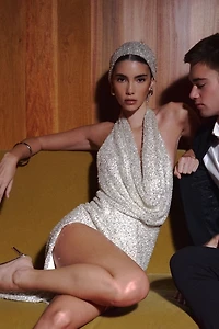 Miss Circle Niamh Beaded Cowl Halter Backless Maxi Dress