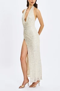 Miss Circle Niamh Beaded Cowl Halter Backless Maxi Dress