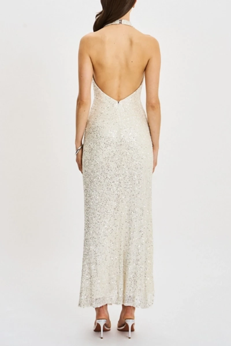 Miss Circle Niamh Beaded Cowl Halter Backless Maxi Dress