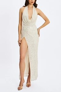 Miss Circle Niamh Beaded Cowl Halter Backless Maxi Dress