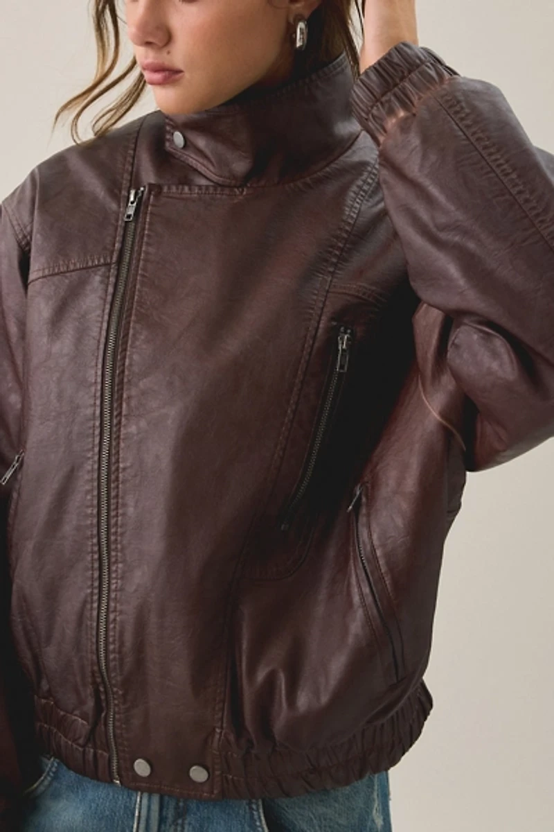 BDG Freddie Funnel Neck Faux Leather Bomber Jacket