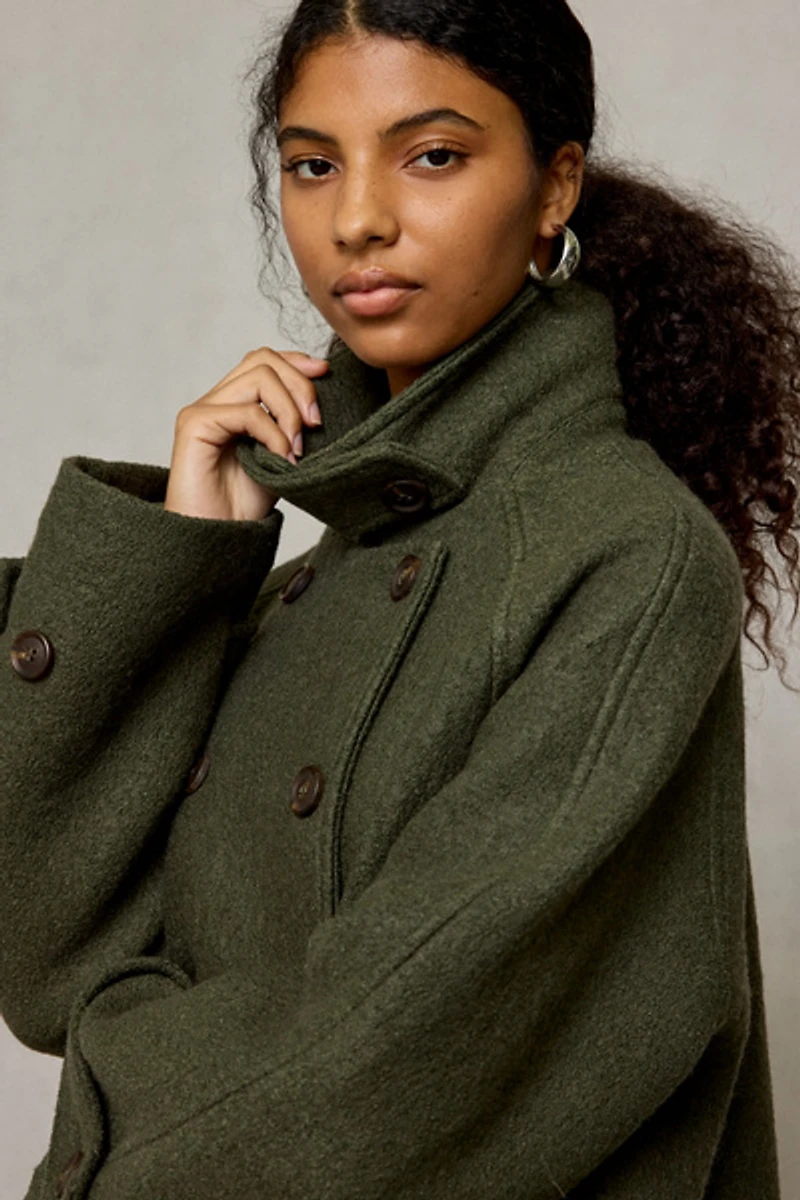 BDG Drew Double-Breasted Wool Blend Funnel Neck Coat