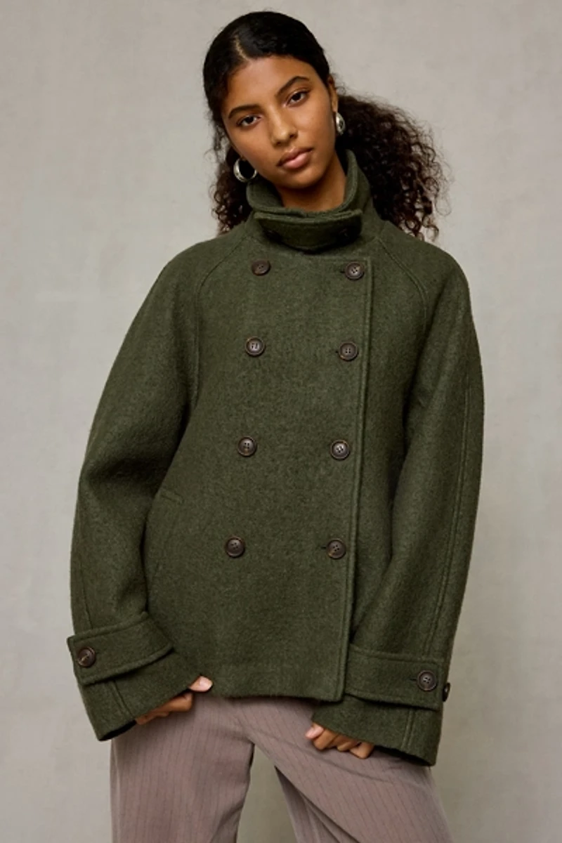 BDG Drew Double-Breasted Wool Blend Funnel Neck Coat