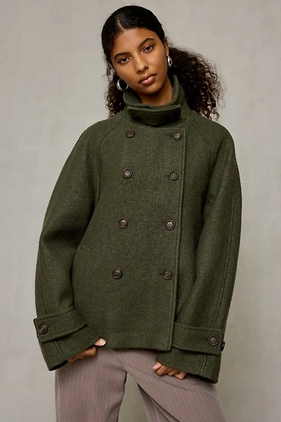 BDG Drew Double-Breasted Wool Blend Funnel Neck Coat